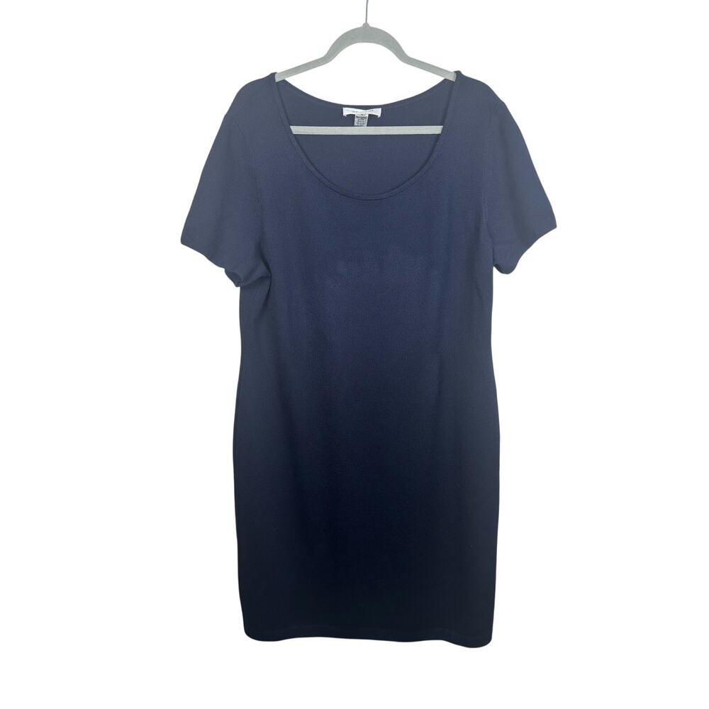 St. John Santana Knit Dress Women 16 Blue Excellent Sheath Wool Short Sleeve